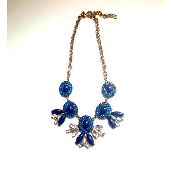 J.Crew Blue And Clear Crystal Stone Gold Tone Statement Necklace 17" + 2" Ext - Picture 2 of 5